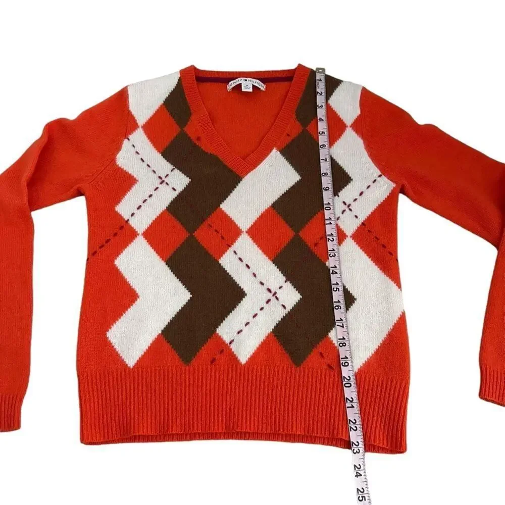 Tommy Hilfiger Vtg Orange V-Neck Sweater Women M Geometric Argyle Wool Blend Y2K